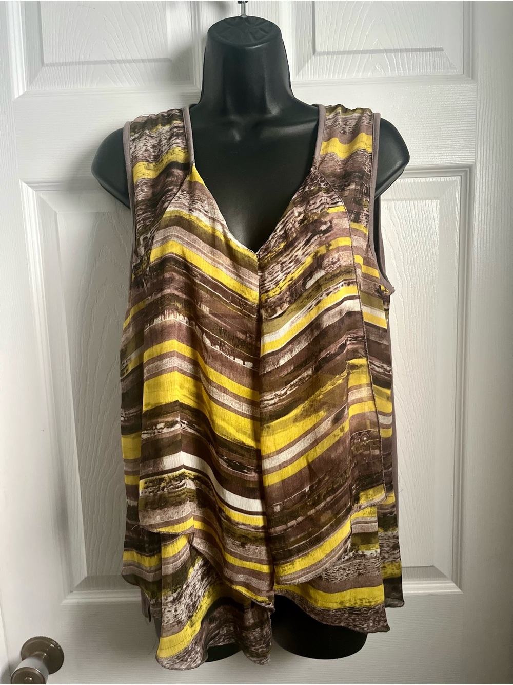 Dolcezza Abstract Graphic Print Layered Tank Top Camisole XL Yellow Brown V-Neck